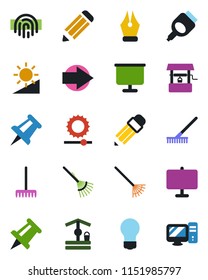 Color and black flat icon set - right arrow vector, drawing pin, bulb, pencil, rake, well, hdmi, brightness, fingerprint id, presentation board, ink pen, pc