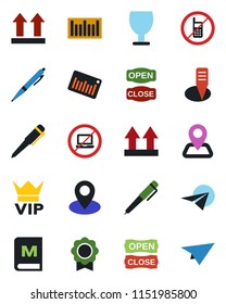 Color and black flat icon set - no mobile vector, laptop, vip, pen, plant label, navigation, pin, fragile, up side sign, barcode, sertificate, menu, open close, paper plane