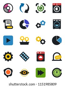 Color and black flat icon set - ticket office vector, washer, gear, circle chart, stamp, contract, pills blister, play button, fast forward, update, eye id, pie graph, flower in pot, clock