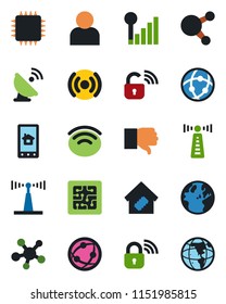 Color and black flat icon set - antenna vector, satellite, network, share, finger down, user, wireless, cellular signal, smart home, chip, lock, control app, earth