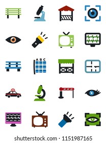 Color and black flat icon set - barrier vector, tv, alarm car, seat map, bench, monitor pulse, microscope, eye, torch, plan, alcove, scan