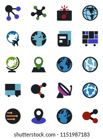 Color and black flat icon set - satellite antenna vector, bomb in case, globe, plane, earth, pin, consolidated cargo, network, share, news, social media