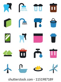 Color and black flat icon set - trash bin vector, shower, bucket, tooth, mobile, blank box, water supply, bathroom, serviette, filter, windmill
