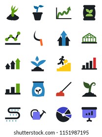 Color and black flat icon set - seedling vector, watering can, sproute, hoe, sickle, greenhouse, fertilizer, drip irrigation, bar graph, pie, point, career ladder, arrow up, growth, presentation