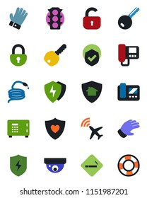 Color and black flat icon set - plane radar vector, smoking place, safe, glove, hose, heart shield, traffic light, protect, lock, key, intercome, home, surveillance, crisis management