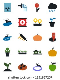 Color and black flat icon set - flower in pot vector, seedling, watering, sproute, rain, plant label, pumpkin, seeds, pond, tulip, oil barrel, house with tree, rolling pin, apple fruit