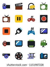Color and black flat icon set - ticket office vector, clapboard, film frame, reel, gamepad, tv, video camera, pause button, stop, hdmi, record, web, intercome