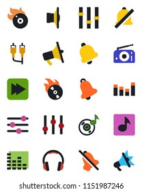 Color and black flat icon set - flame disk vector, radio, speaker, loudspeaker, settings, equalizer, headphones, fast forward, rca, tuning, bell, mute, music, advertising