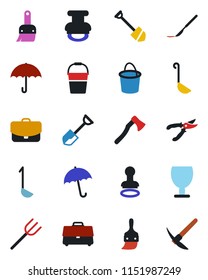 Color and black flat icon set - umbrella vector, stamp, job, shovel, farm fork, bucket, pruner, axe, scalpel, fragile, themes, case, ladle, hard work
