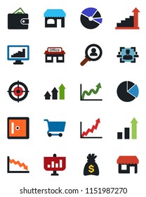 Color and black flat icon set - shop vector, checkroom, growth statistic, money bag, store, monitor statistics, pie graph, hr, target, consumer search, arrow up, wallet, crisis, cart, presentation