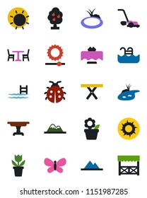 Color and black flat icon set - cafe vector, flower in pot, lawn mower, butterfly, lady bug, sun, pond, picnic table, brightness, pool, fruit tree, mountains, restaurant, alcove