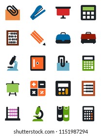 Color and black flat icon set - checkroom vector, book, calculator, abacus, presentation board, microscope, case, paper clip, pencil, stapler