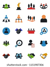 Color and black flat icon set - hierarchy vector, pedestal, team, patient, group, user, company, hr, meeting, handshake, client search, consumer