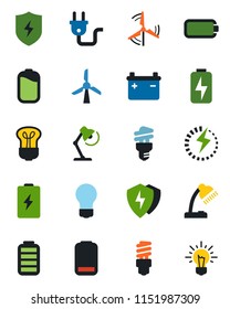 Color and black flat icon set - bulb vector, battery, low, protect, charge, desk lamp, windmill, power plug, energy saving, idea