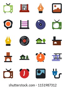 Color and black flat icon set - alarm clock vector, tv, abacus, stamp, fireplace, film frame, vinyl, gallery, ink pen, house with tree, power plug