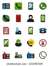 Color and black flat icon set - phone vector, no mobile, office, 24 hours, support, radio, back, call, sim