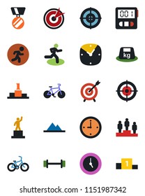 Color and black flat icon set - pedestal vector, medal, barbell, bike, run, heavy, clock, stopwatch, target, mountains