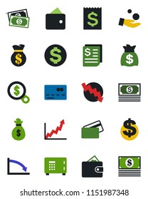 Color and black flat icon set - credit card vector, safe, dollar sign, money bag, crisis graph, cash, receipt, wallet, growth, search, investment