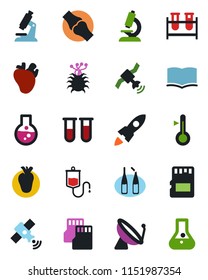 Color and black flat icon set - satellite antenna vector, book, blood test vial, dropper, microscope, ampoule, real heart, joint, virus, sd, thermometer, rocket, flask