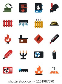 Color and black flat icon set - fire vector, hose, fireplace, thermometer, heater, air conditioner, candle, water, smoke detector, radiator, warm floor