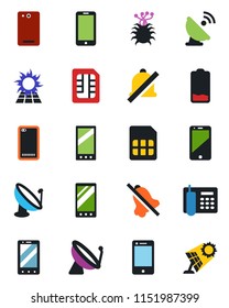 Color and black flat icon set - satellite antenna vector, mobile phone, virus, cell, low battery, back, sim, mute, office, sun panel