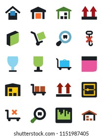 Color and black flat icon set - baggage trolley vector, fragile, cargo, warehouse storage, up side sign, no, hook, search, scanner, blank box
