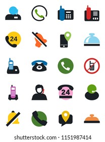 Color and black flat icon set - phone vector, no mobile, reception bell, office, 24 hours, support, tracking, radio, call, mute