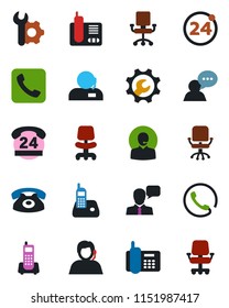 Color and black flat icon set - 24 around vector, office chair, phone, hours, support, speaker, radio, call, root setup