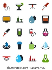 Color and black flat icon set - hot cup vector, water drop, dropper, monitor, alcohol, drink, cocktail, filter, sprinkler, flask
