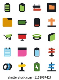 Color and black flat icon set - signpost vector, notepad, presentation board, wheelbarrow, battery, low, folder, charge, blank box, plates, guidepost