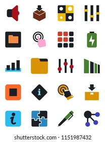 Color and black flat icon set - package vector, sorting, settings, touch screen, stop button, menu, folder, charge, application, pen, sound, information, social media