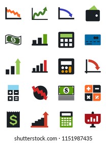 Color and black flat icon set - credit card vector, growth statistic, calculator, crisis graph, receipt, bar, wallet, cash, presentation