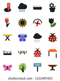 Color and black flat icon set - sun vector, flower in pot, ripper, tree, butterfly, lady bug, seedling, rain, plant label, picnic table, tulip