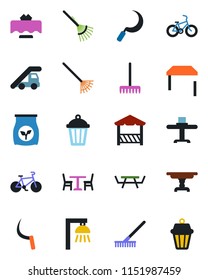 Color and black flat icon set - cafe vector, ladder car, rake, sickle, garden light, picnic table, fertilizer, bike, restaurant, alcove, outdoor lamp