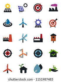 Color and black flat icon set - factory vector, bird house, target, sun panel, windmill, eco, water, palm sproute