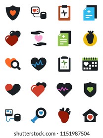 Color and black flat icon set - heart vector, pulse, diagnosis, blood pressure, diagnostic, shield, hand, real, medical calendar, clipboard, sweet home