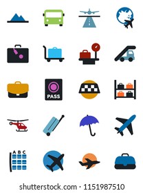 Color and black flat icon set - plane vector, runway, taxi, suitcase, baggage trolley, airport bus, umbrella, passport, ladder car, helicopter, seat map, luggage storage, scales, globe, mountains
