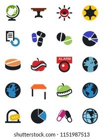 Color and black flat icon set - ticket office vector, globe, document reload, pills, diet, earth, pie graph, table, police, alarm led