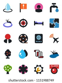 Color and black flat icon set - plane radar vector, passport, bed, contract, water drop, pond, ambulance star, patient, important flag, reel, application, root setup, target, supply, fruit tree
