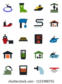 Color and black flat icon set - watering vector, boot, well, hose, pond, drip irrigation, sea shipping, port, warehouse, water supply, drink, heater, warm floor, sprinkler