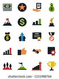 Color and black flat icon set - handshake vector, growth statistic, dollar sign, pedestal, medal, document, cash, finger up, sertificate, bar graph, police, arrow, motivation, money bag, certificate
