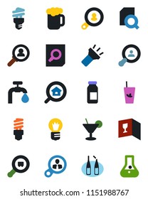 Color and black flat icon set - document search vector, bulb, ampoule, cargo, torch, water supply, estate, client, wine card, cocktail, phyto bar, beer, energy saving, consumer, flask