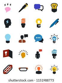 Color and black flat icon set - speaking man vector, pen, brainstorm, bulb, dialog, wine card, hot dog, energy saving, shining head, idea