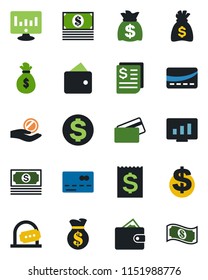 Color and black flat icon set - credit card vector, ticket office, dollar sign, money bag, statistic monitor, cash, receipt, wallet, investment