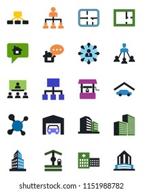 Color and black flat icon set - hierarchy vector, well, molecule, hospital, office building, garage, plan, home message