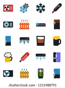 Color and black flat icon set - thermometer vector, heater, air conditioner, fridge, drink, beer, snowflake