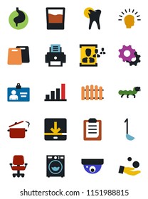 Color and black flat icon set - identity card vector, fence, caterpillar, stomach, caries, settings, download, clipboard, bar graph, hr, printer, washer, drink, ladle, cutting board, steaming pan