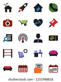 Color and black flat icon set - waiting area vector, ticket, document search, calendar, wheelbarrow, heart pulse, rack, camera, antenna, call, drawing pin, folder, manager desk, sun panel, eco house