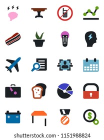 Color and black flat icon set - plane vector, suitcase, no mobile, medal, document search, brainstorm, calendar, seedling, remote control, lock, pie graph, hr, point, table, bacon, bread, battery