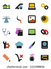 Color and black flat icon set - runway vector, passport, ladder car, sickle, garden knife, stethoscope, virus, no trolley, chain, gallery, sd, root setup, notebook pc, pencil, house with tree, gear